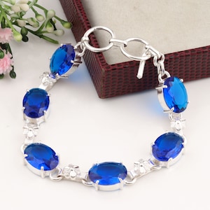 Blue Tanzanite 925 Sterling Silver Plated Bracelet-Oval Gemstone Bracelet-8 inches With Adjustable  Bracelet Handmade Jewelry Gifts For Her