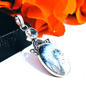 Natural White Dendritic Agate Pendants, Handmade Silver Pendant, Gemstone Wedding Jewelry, Mothers day gifts, Spiritual Gift for Birthday