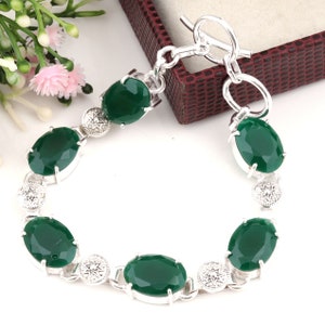 Emerald Gemstone Bracelet Handmade Gemstone Sterling Silver Plated Bracelet for Women Length 8 Inches With Adjustable Bracelet Gifts For Her