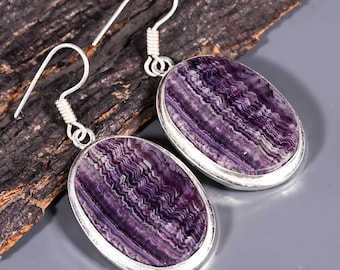 Fluorite Earrings, Handmade Gemstone 925 Sterling Silver Plated Earrings, Minimalist Style Jewelry For Women