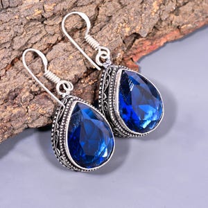 Sapphire Gemstone earrings, September Birthstone Earrings, Handmade Gemstone 925 Sterling Silver Plated Earrings, Gifts For Her & Mom