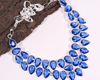 London Blue Topaz Necklace, Handmade Gemstone 925 Sterling Silver Plated Necklaces, Boho Jewelry For Women