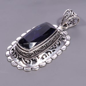 Blue Sapphire Pendant, Handmade Gemstone 925 Sterling Silver Plated Pendant For Woman, Unique Design Sapphire Christmas Jewelry For Her