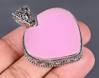 Rose Quartz Crystal Heart Pendants, Handmade Gemstone 925 Sterling Silver Plated Pendant, Genuine Jewelry