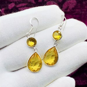 Citrine Drop Earrings, Yellow Citrine 925 Sterling Silver Plated Earrings, Handmade Gemstone Jewelry, Citrine Gemstone Earrings For Woman