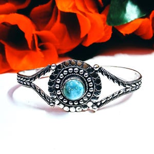 Natural Larimar Cuff Bracelet, Dainty Blue Larimar Bracelet, Handmade Gemstone 925 Sterling Silver Plated Cuff Bangle Bracelet For Woman