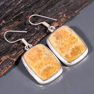 Rare Fossil Coral Earrings, Fossil Coral gemstone 925 Sterling Silver Plated Jewelry, Handmade Jewelry For Woman, Earrings Gifts For Her