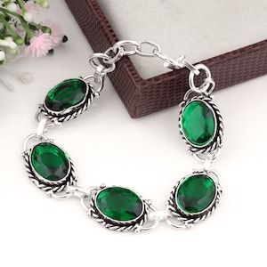 Zambian Emerald Bracelet Gemstone Sterling Silver Plated Bracelet For Women Adjustable Bracelet May Birthstone For Her Birthday Best Gifts