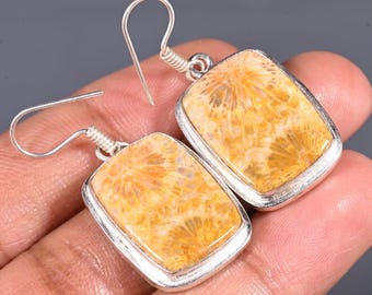 Natural Fossil Coral Dangle Earrings, Handmade Gemstone 925 Sterling  Silver Plated Earrings For Women