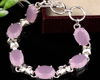 Rose Quartz Bracelet, Handmade Gemstone 925 Sterling Silver Plated Bracelet For Women