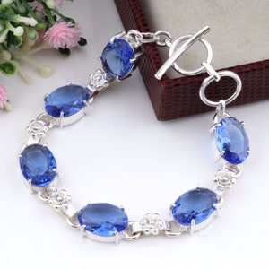 London Blue Topaz Bracelet, Bezel Setting Oval Blue Topaz Bracelet, Dainty Bracelet For Mom, Gifts for her, Jewelry Gift Bracelet For women