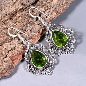 Green Peridot Earrings, Peridot 925 Sterling Silver Plated Earrings, Handmade Gemstone Earrings Jewelry For Woman, Pear Shape Drop Earrings