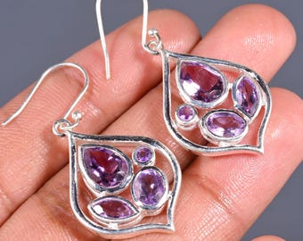 Orecchini Pendenti In Ametista E Argento 925 – Design Foglia Di Vite, Lunghezza 5 Cm