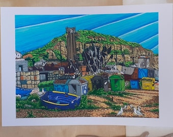 Kustlandschap, Hastings East Hill Cliff Railway, gicleekunstdruk