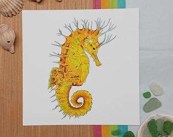 Geel zeepaardje, stekelzeepaardje, gicleekunstdruk, zeedieren
