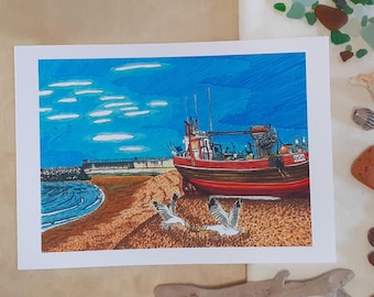 Vissersboot, kustlandschap, gicleekunstdruk