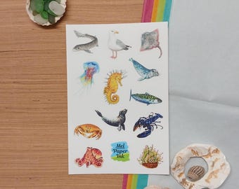 Stickervel, zeedieren, ministickers, vinylstickers voor laptop en bidon