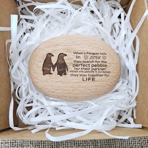 Personalised Wooden Penguin Pebble Gift Anniversary gift/keepsake. Gifts for loved ones.