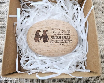 Personalised Wooden Penguin Pebble Gift Anniversary gift/keepsake. Gifts for loved ones.