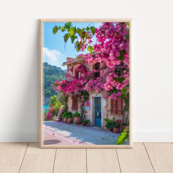 Italy print | La dolce Vita | Mediterranean print | Printable Art | Bougainvillea | Italy Poster | Pink flower | Oil painting