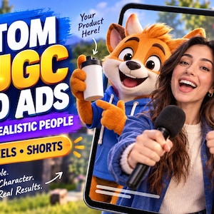 May include: A promotional graphic for custom AI video ads featuring text that reads CUSTOM AI UGC VIDEO ADS, CARTOON + REALISTIC PEOPLE, TIKTOK • REELS • SHORTS, and Real People. Any Character. Real Results. A person holds a microphone.