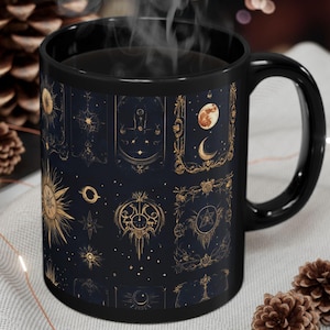 Mok tarotkaartstijl - zwart, 11oz, 15oz, theekop, cadeau koffieliefhebber, Witchy keukendecor, mystieke drinkgerei, cadeau boekenliefhebber