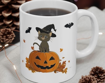 Halloween Coffee Mug: Witchy Black Cat with Pumpkin - Ceramic, 11oz