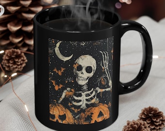 手を振るスケルトンマグカップ | 黒陶器製ハロウィンコーヒーカップ