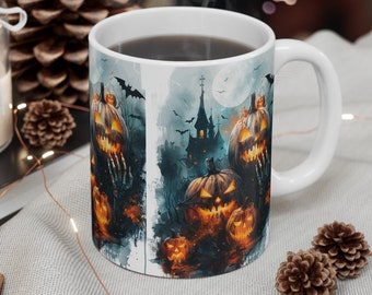 Halloween Kaffee Tasse: Kürbis und Skelett Design - Keramik 11oz
