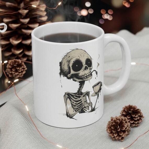 Halloween Coffee Mug, Skeleton Drinking Coffee Mug, Spooky Halloween Cup, Funny Coffee Cup, Skeleton Mug, Holiday Mug, Gift for Her