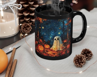 Spooky Ghost Black Ceramic Mug, Glossy Halloween Coffee Cup, 11oz or 15oz