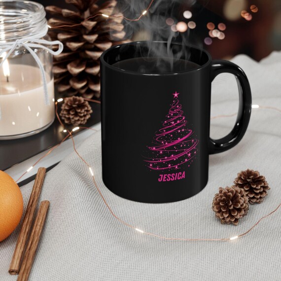 Personalized Christmas Gift, Pink Christmas Tree Black Mug, Holiday Coffee Cup, Christmas Mug for Her, Custom Xmas Cup, book lover gift