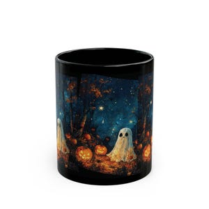 front 11oz right night full of stars, ghosts, pumpkins, and shadow figures in the night mug for Halloween