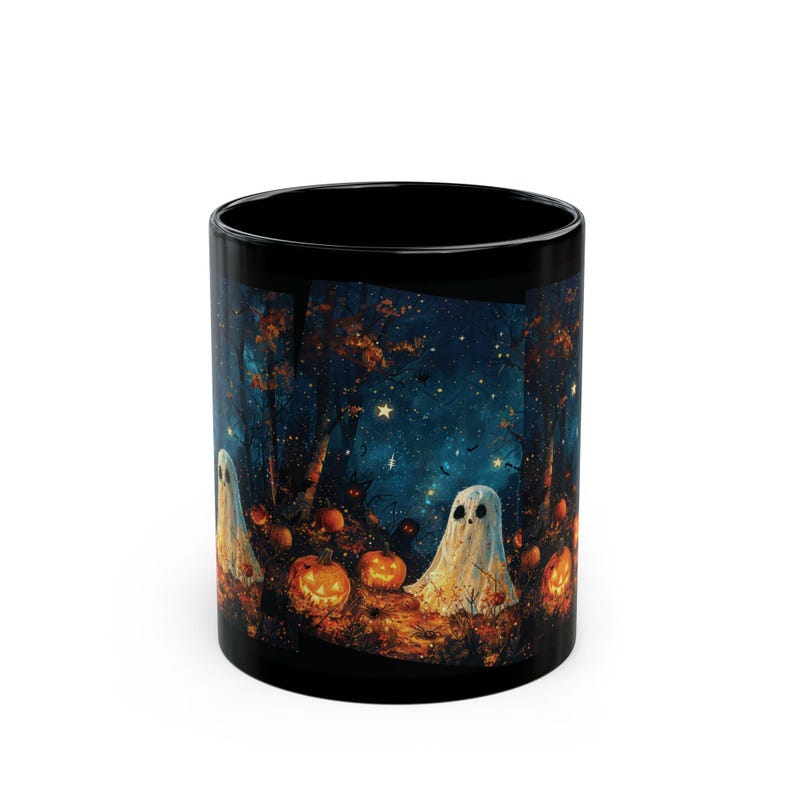 front 11oz right night full of stars, ghosts, pumpkins, and shadow figures in the night mug for Halloween