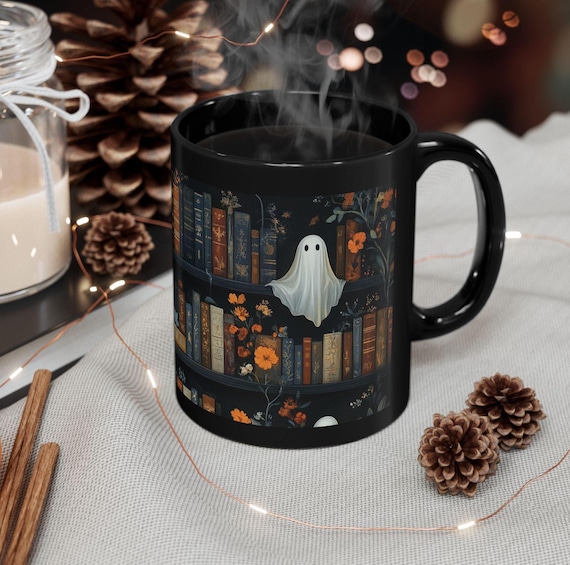 Spooky Ghost Bookshelf Mug – Halloween Coffee Cup for Book Lovers, 11oz & 15oz – Gothic Floral Design, Ideal Book Club Gift