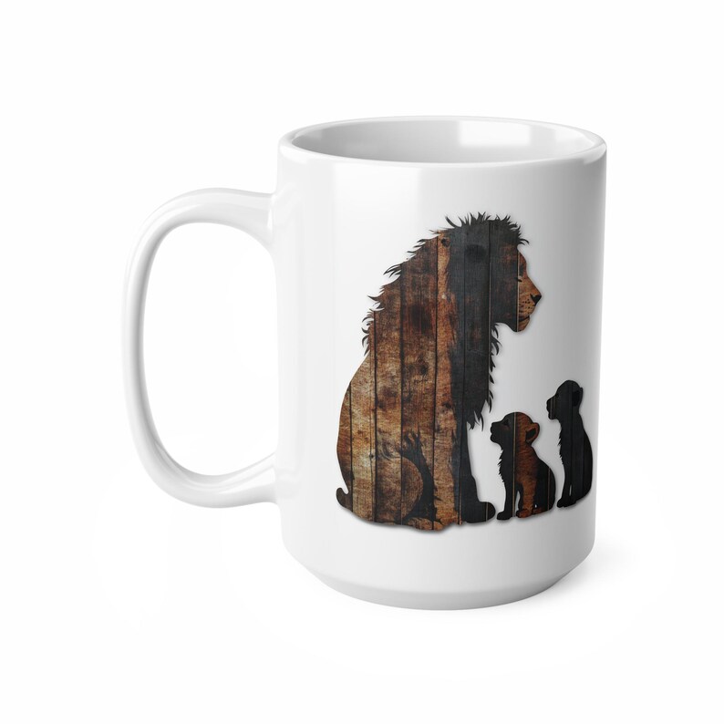 Lion and Cubs Ceramic Mug, Wildlife Art Coffee Cup, Safari Animal Gift, 11 oz or 15 oz image 1