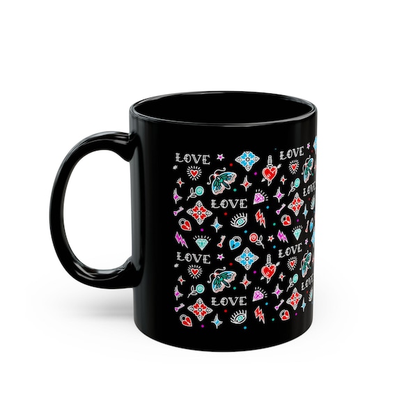 Black Mug, Valentine's Day Gift for Her, Hearts Diamond Mug, Coffee Cup, Tea Mug, Kitchen Decor, Office Mug, Personalized Mug