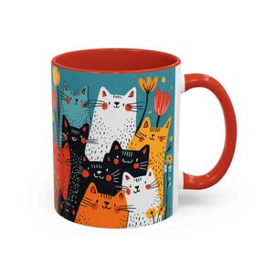 Taza de cerámica con diseño floral de gato y asa colorida (11 oz y 15 oz)