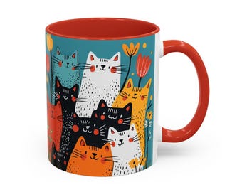 Floral Cat Ceramic Mug, Colorful Handle (11oz and 15oz)