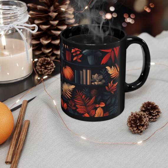 Thanksgiving Floral Bookshelf Black Mug, Holiday Coffee Cup, Festive Tea Mug, Winter Drinkware, Ceramic Christmas Gift, Seasonal Cup