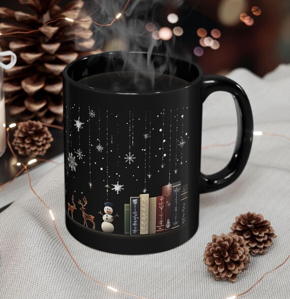 Book lover mug, black Mug, Snowflake and Reindeer Bookshelf Holiday Coffee Cup, Christmas gift, Black Mug, book lover gift