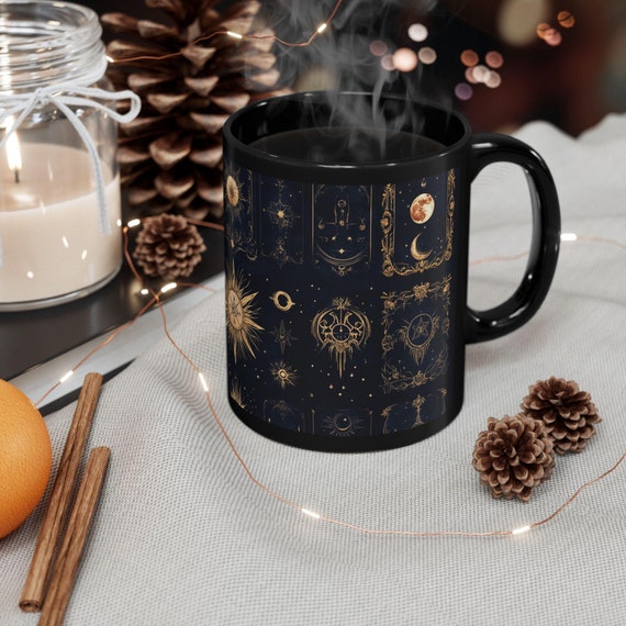 Tarot Card Style Mug - Black, 11oz, 15oz, Tea Cup, Coffee Lover Gift, Witchy Kitchen Decor, Mystical Drinkware, book lover gift