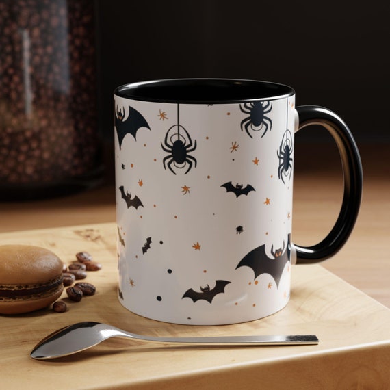 Halloween Spider Mug, Spooky Bat and Spider Design Mug, Ceramic Coffee Cup, Bat Coffee Mug, Trendy Design Mugs, Bohemian Mug, Gift for Her