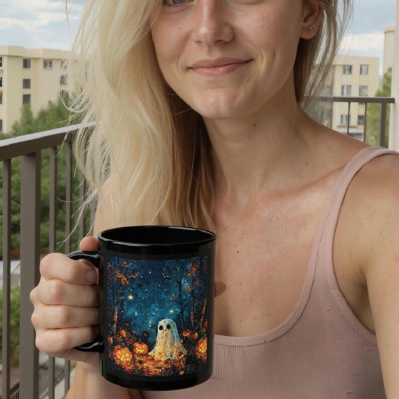 Taza de Halloween con diseño de fantasma: Taza de café de cerámica negra con diseño de calabaza imagen 2