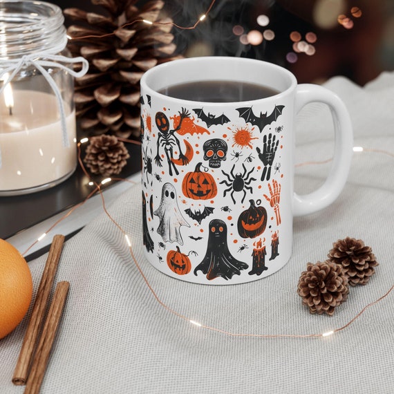 Halloween Pattern Mug, Little Ghosts Coffee Tea Mug, Cute Spooky Halloween Mug, Trendy Fall Coffee Mug, Ghost Halloween Cup, Halloween Mug