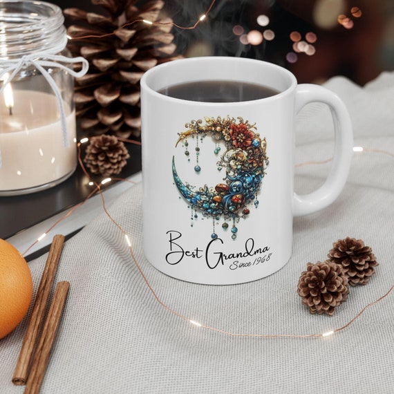 Personalized Mugs for Grandma - Charming 3D Crescent Moon with Floral and Fungal Details, Perfect for Morning Coffee or Tea, Special Gift