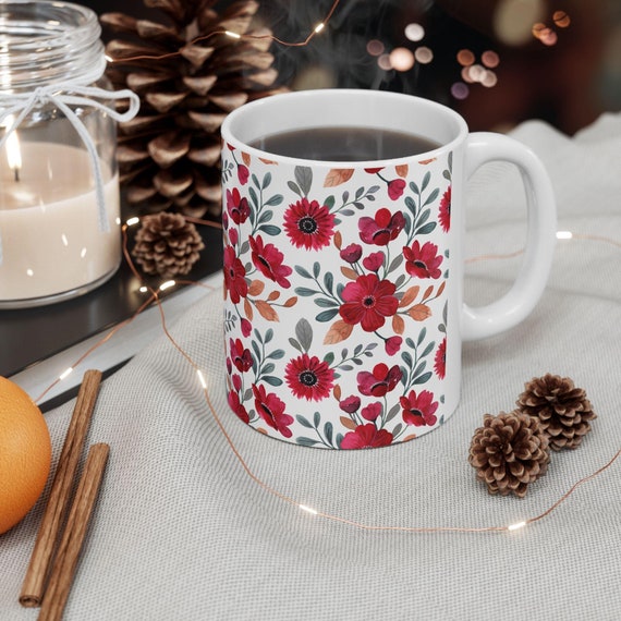 Red Rose Floral Mug for Her, Handmade Ceramic Coffee Cup, Flower Patterned Cup, Gift for Mom, Valentine's Day Mug, Beautiful Floral Design