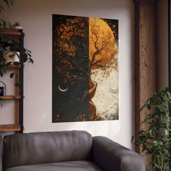 Ying Yang Gold Moon and Tree Poster, Living Room Wall Art, Modern Canvas Print, Yin Yang Canvas Art, Printable Wall Art, Christmas Decor Art