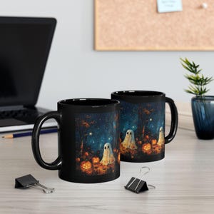 nights full of stars, ghosts, pumpkins, and shadow figures in the night mug two Boths sides for Halloween