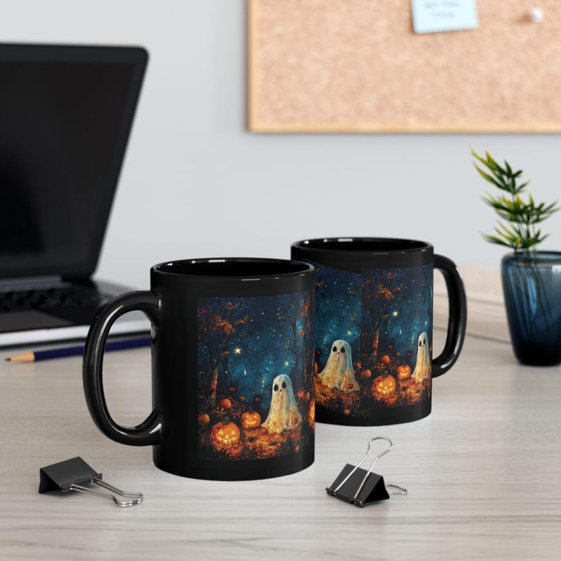 nights full of stars, ghosts, pumpkins, and shadow figures in the night mug two Boths sides for Halloween
